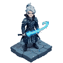 isometric art of a silver-haired warrior in a dark blue coat with silver patterns, holding a glowing katana. blue energy swirls around his hand. stands on a cracked stone platform with blue veins.