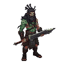  drifter, glowing hindu tattoos,long haired, muscular warrior with heavy metal weapon, guarding ancient secrets in ruined lands.