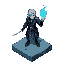 isometric art of a silver-haired warrior in a dark blue coat with silver patterns, holding a glowing katana. blue energy swirls around his hand. stands on a cracked stone platform with blue veins.
