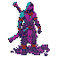 neon-cloaked drifter, glowing hindu tattoos, muscular warrior with heavy weapon, swift as lightning, guarding ancient secrets in ruined lands.