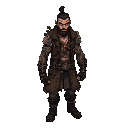 drifter, glowing black hindu tattoos, muscular warrior guarding ancient secrets, clad in worn leather coat, industrial boots, and brass-accented armor.