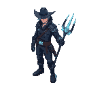 isometric art of a silver-haired warrior in a dark blue jacket pants and boots, wearing a western hat. holding a glowing trident weapon in right, with blue energy swirling around.,modern futuristic