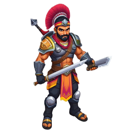muscular indian(south asian )warrior in isometric 2d, wearing kawach, kundal, modern-tech armor, vibrant colors, heroic stance, futuristic weapon.