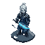 isometric art of a silver-haired warrior in a dark blue coat with silver patterns, holding a glowing katana. blue energy swirls around his hand. stands on a cracked stone platform with blue veins.