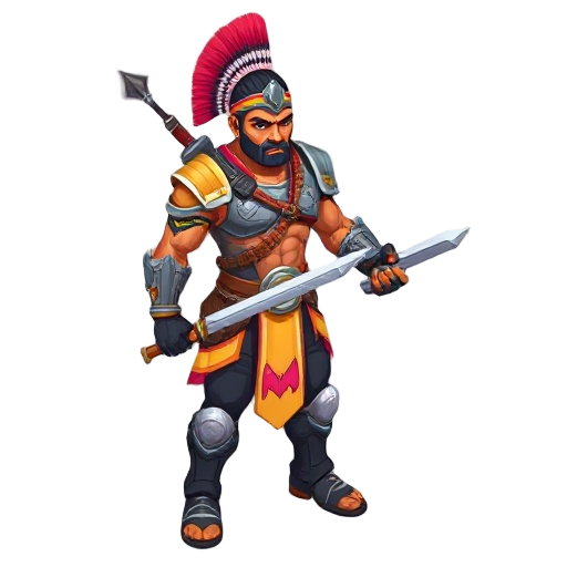 muscular indian warrior in isometric 2d, wearing kawach, kundal, modern-tech armor, vibrant colors, heroic stance, futuristic weapon.