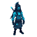  drifter, glowing hindu tattoos,long haired, muscular warrior , neon blue guarding ancient secrets in ruined lands.