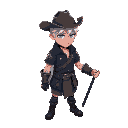isometric art of a silver-haired warrior in a dark blue short jacket, wearing a western hat. holding a glowing trident on right, with blue energy swirling around. with glowing blue veins. modern apoca