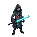 neon-cloaked drifter, glowing hindu tattoos, muscular warrior with heavy weapon, swift as lightning, guarding ancient secrets in ruined lands.