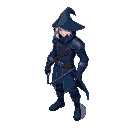 isometric art of a silver-haired warrior in a dark blue jacket pants and boots, wearing a dark long hat. holding a glowing trident, with blue energy swirling around.,modern futuristic