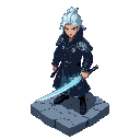 isometric art of a silver-haired warrior in a dark blue coat with silver patterns, holding a glowing katana. blue energy swirls around his hand. stands on a cracked stone platform with blue veins.