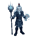 isometric art of a silver-haired warrior in a dark blue short jacket pants boots black, wearing a wetsrn hat. holding a glowing trident like lord shiva, with blue energy swirling around.