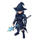 isometric art of a silver-haired warrior in a dark blue short jacket with silver patterns, wearing a dark long hat. holding a glowing trident, with blue energy swirling around.,modern futuristic