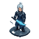 isometric art of a silver-haired warrior in a dark blue coat with silver patterns, holding a glowing katana. blue energy swirls around his hand. stands on a cracked stone platform with blue veins.