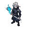 isometric art of a silver-haired warrior in a dark blue coat with silver patterns, holding a glowing katana. blue energy swirls around his hand. stands on a cracked stone platform with blue veins.