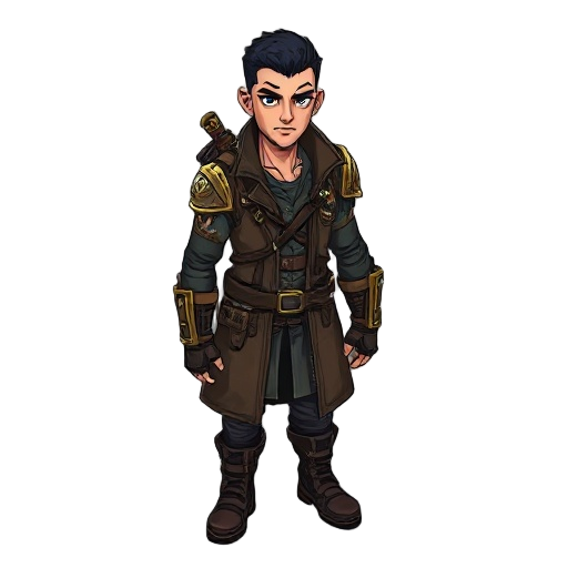 drifter, glowing black hindu tattoos short hair , no facial hair good looking, muscular warrior guarding ancient secrets, clad in worn leather coat, industrial boots, and brass-accented armor.