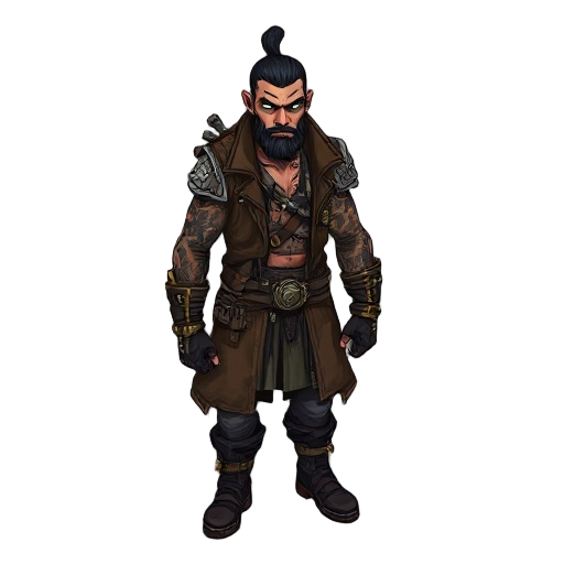 drifter, glowing black hindu tattoos, muscular warrior guarding ancient secrets, clad in worn leather coat, industrial boots, and brass-accented armor.