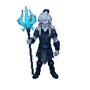 isometric art of a silver-haired warrior in a dark blue short jacket pants boots black, wearing a wetsrn hat. holding a glowing trident like lord shiva, with blue energy swirling around.