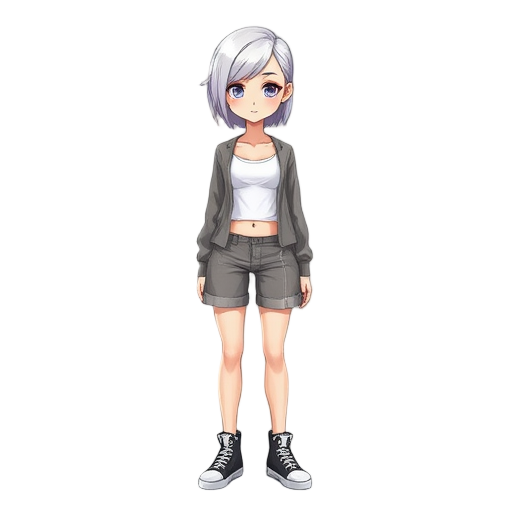 chica blanca, con cabello recogido, camisón grande y holgado, sin pantalones, vistiendo una tanga