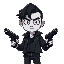a man with pale white skin and black hair and black eyes but with white pupils that have two guns and wear dark clothes 