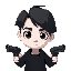 a man with white pale skin black two block haircut hair, black eyes and white pupils have two guns and wear black clothes