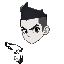 a man with pale white skin and black two block haircut and black eyes but with white pupils that have two guns and wear dark clothes 
