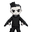 a man with white pale skin black two block haircut hair, black eyes and white pupils have two guns and wear black clothes