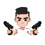 a man with pale skin black two block haircut hair, black eyes and white pupils have two guns