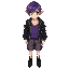 male character, red right eye (#ff0000) and blue left eye (#00ffff); purple gradient hair, elf ears, purple blouse, gray shorts with purple details on the seam lines, dark gray coat with yellow detail