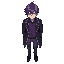 male character with purple hair and blue and red eyes; wearing a purple blouse, a dark gray coat and gray pants