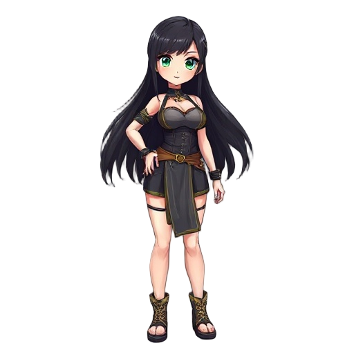 female, anime/realistic looking, cury body, big chest, reveling outfit, long black hair,green eyes