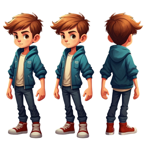generate an image with a cartoon of a boy in 3 positions: front and side and back