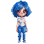 blue short hair girl with brown eyes in short-sleeved white shirt with huge breast blue skinny jeans