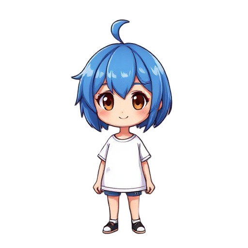 blue short hair girl with brown eyes in short-sleeved white shirt smiling 