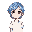 blue short hair girl with brown eyes in short-sleeved white shirt smiling 