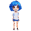 blue short hair girl with brown eyes in short-sleeved white shirt smiling 