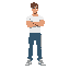a dude in blue jeans white shoes and white shirt standing idling