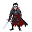 a vampire lord in dark armor, red accents. pale, red eyes. holds glowing silver sword in one hand pointing down.
