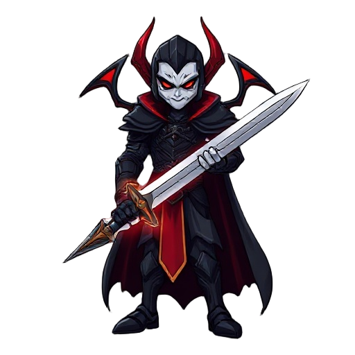 regal vampire lord in dark armor, red accents. pale, red eyes. holds glowing silver sword