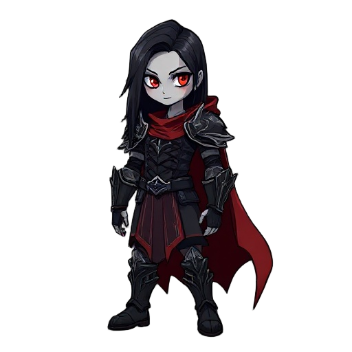 has pale gray skin, glowing red eyes, and long black hair. wears gothic black armor with silver trim and a tattered crimson cape tha