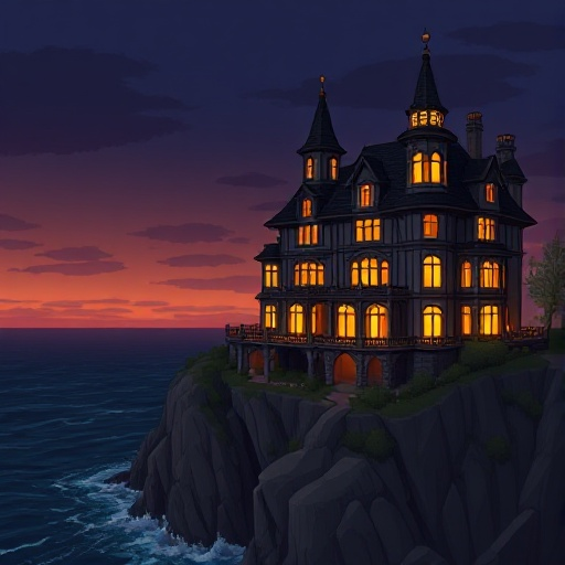 a large victorian-style mansion perched on a cliffside, overlooking a dark ocean at dawn. the mansion is warmly lit from within, with glowing yellow-orange windows. 