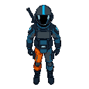blue space suit. orange pants. black boots. black helmet with blue stripe. rifle on back.