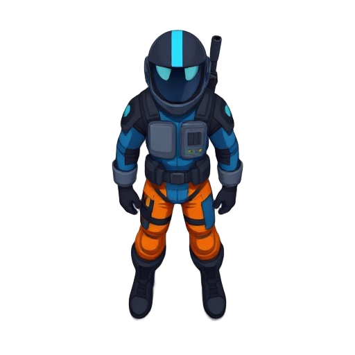 blue space suit. orange pants. black boots. black helmet with blue stripe. rifle on back.