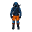 blue space suit. orange pants. black boots. black helmet with blue stripe. rifle on back.