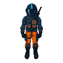blue space suit. orange pants. black boots. black helmet with blue stripe. rifle on back.