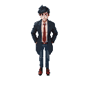 man with black hair and ahoge, wearing white shirt, red tie,  black long jacket, blue jeans, brown shoes