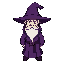 a wizard, dressed in a purple robe that covers his entire body, with a wide-brimmed, pointed hat, a white beard covering his face, leaving only his eyes visible.