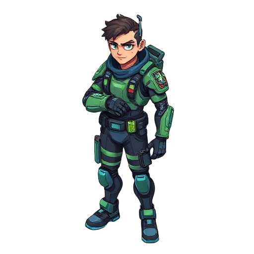 isometric cyberpunk character, advanced technician, one cybernetic arm with visible joints, neural interface port behind ear, tactical gear with integrated displays, confident stance, green and blue a