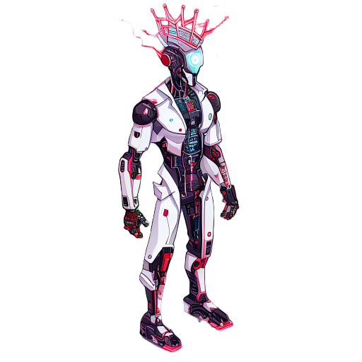 isometric cyberpunk character, ai doctor supreme, fully integrated cyborg appearance, translucent body showing internal circuitry, quantum processor crown, ethereal energy aura, red and silver color s