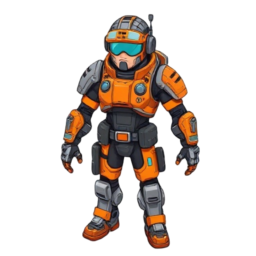 isometric cyberpunk character, cybernetic engineer, partial exoskeleton on torso, both arms enhanced with retractable tools, advanced hud visor, half-human half-machine aesthetic, orange and silver co