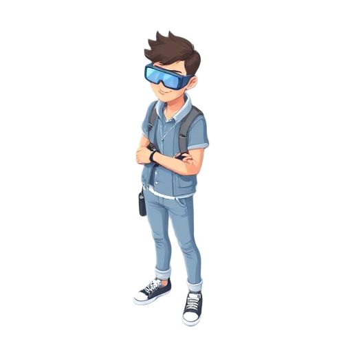 isometric cyberpunk character, beginner tech enthusiast, simple casual outfit with subtle tech elements, basic smartwatch, simple augmented reality glasses, clean minimalist design, soft blue and whit
